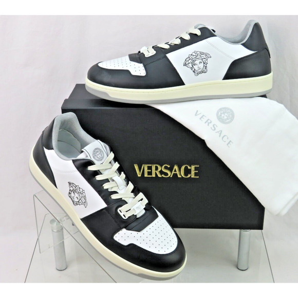 NIB VERSACE BLACK WHITE LEATHER MEDUSA HEAD LOW TOP SNEAKERS US 11 EUR 44 ITALY